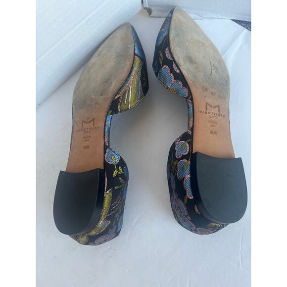 Marc Fisher D’Orsay Blue Gold Floral Pattern Flat Slip On Pointy Toe Shoes 9.5M - Picture 9 of 11